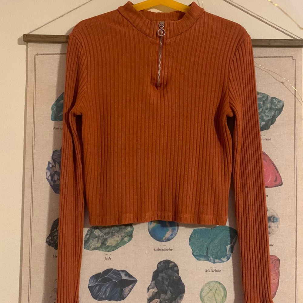 Ribbed Orange Quarter Zipped Cropped Long-Sleeve